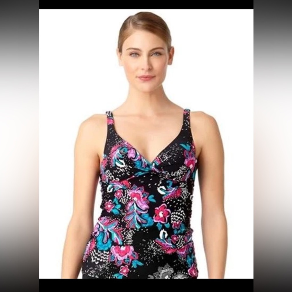 Anne Cole black floral twist front underwire tankini top - size 36D/34DD